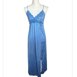 Vintage Gilead Nightgown Maxi Slip Dress  Petite Blue Sheer Lace Detail Slit Tie